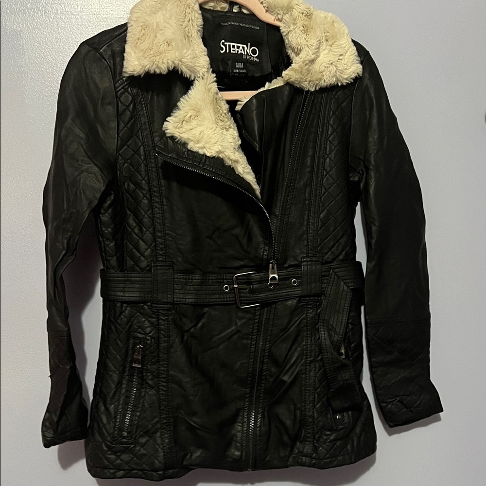 Black Women's Jacket with Cream Fur Collar